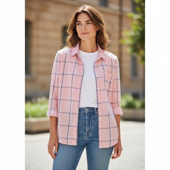 Old Navy Tops - Old Navy The Classic Shirt Pink Plaid Long Sleeve 100% Cotton Boho Office SZ LG